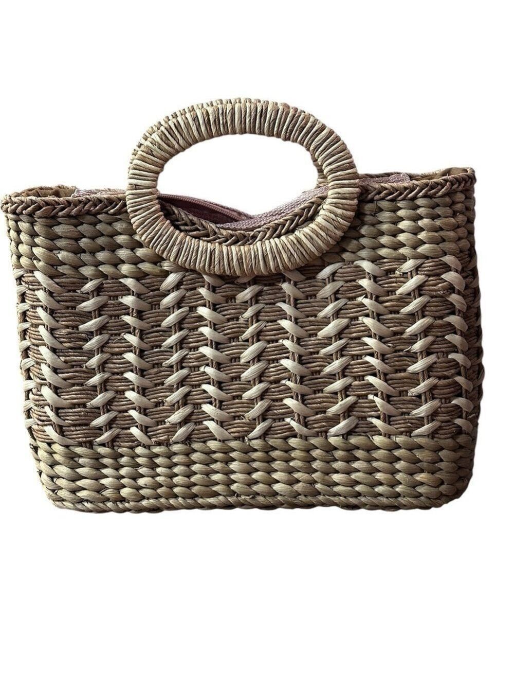 WOVEN HANDBAG WITH CIRCLE HANDLE,  & ZIPPED CLOSURE COASTAL